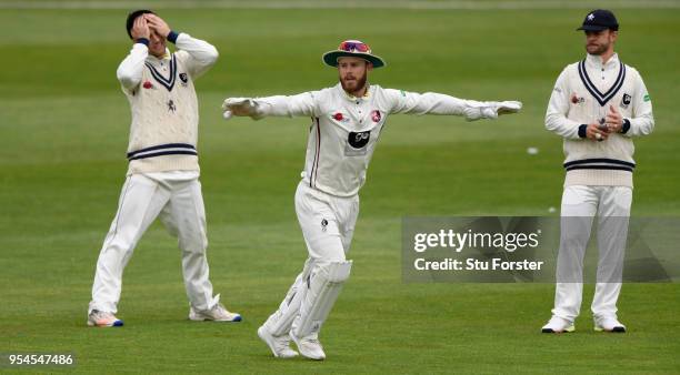 Kent wicketkeeper Adam Rouse and slips react during day one of the Specsavers County Championship: Division Two match between Glamorgan and Kent at...