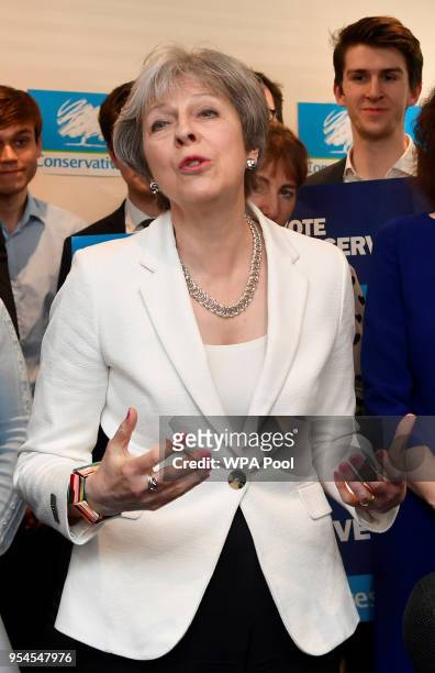 Prime Minister Theresa May speaks to supporters during a visit to Finchley Conservatives in Barnet, following the local elections on May 4, 2018 in...