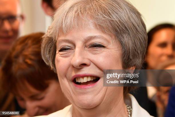 Prime Minister Theresa May speaks to supporters during a visit to Finchley Conservatives in Barnet, following the local elections on May 4, 2018 in...