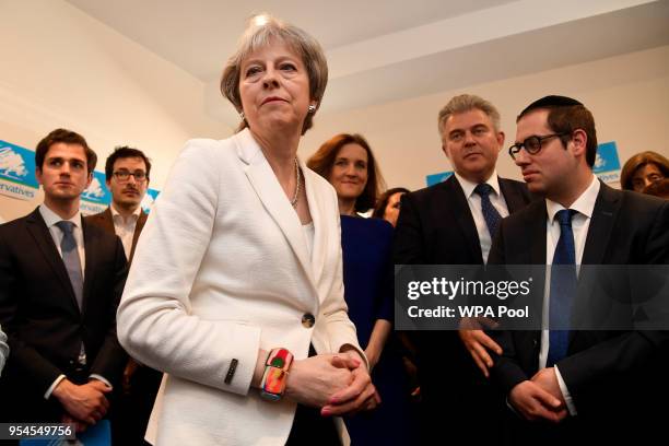 Prime Minister Theresa May is seen during a visit to Finchley Conservatives in Barnet, following the local elections on May 4, 2018 in London,...