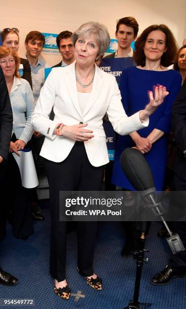 Prime Minister Theresa May speaks during a visit to Finchley Conservatives in Barnet, following the local elections on May 4, 2018 in London, England.