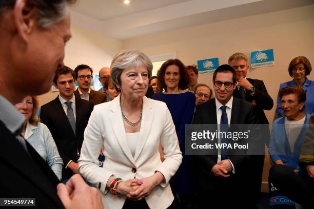 Prime Minister Theresa May is seen during a visit to Finchley Conservatives in Barnet, following the local elections on May 4, 2018 in London,...