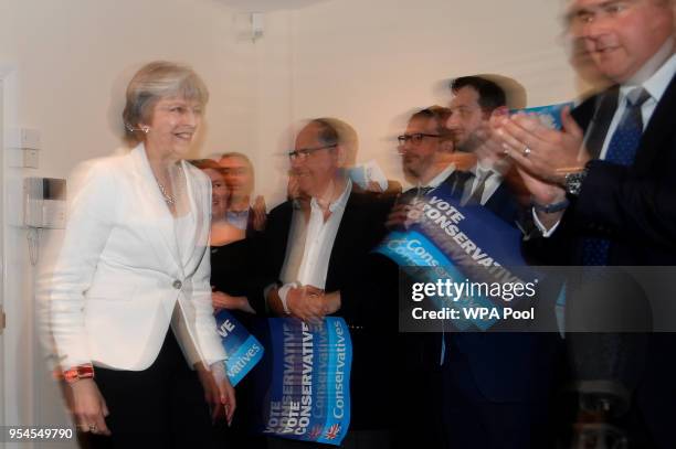 Prime Minister Theresa May arrives to visit Finchley Conservatives in Barnet, following the local elections on May 4, 2018 in London, England.