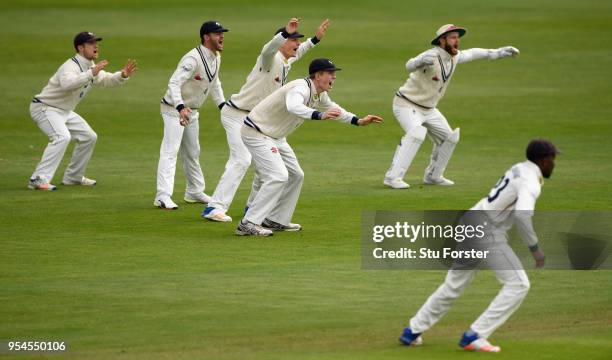 Kent wicketkeeper Adam Rouse and slips react during day one of the Specsavers County Championship: Division Two match between Glamorgan and Kent at...