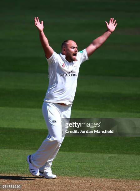 Joe Leach of Worcestershire appeals unsuccessfully during day one of the Specsavers County Championship Division One match between Surrey and...