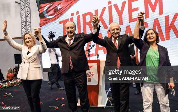 Turkey's main opposition Republican People's Party leader Kemal Kilicdaroglu and his wife Selvi , Muharrem Ince and his wife Ulku salute supporters...