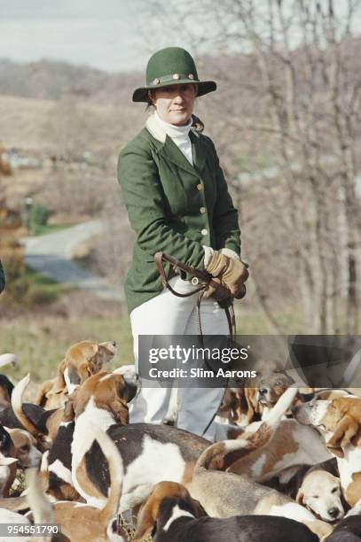 Betsy Park, huntsman of the Millbrook Hunt and Sandanona Hare Hounds, with beagles, Millbrook, New York, US, November 1992.