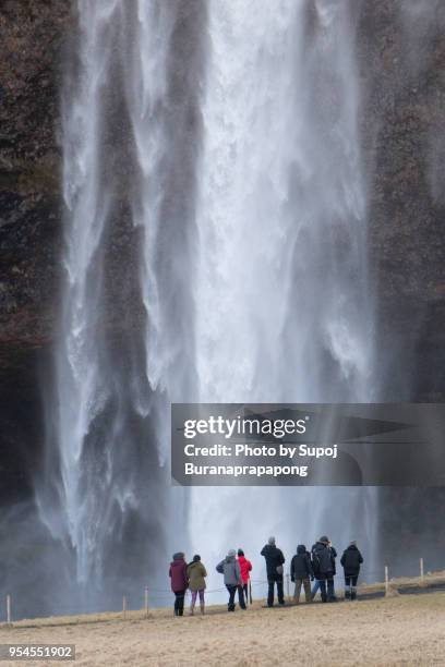 tourist take photo at seljalandsfoss waterfall,southern ring road, skogar, iceland - myrdalur stock pictures, royalty-free photos & images