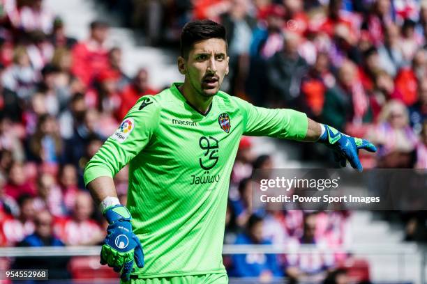 Goalkeeper Oier Olazabal Paredes of Levante UD gestures during the La Liga 2017-18 match between Atletico de Madrid and Levante UD at Wanda...