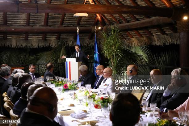 French president Emmanuel Macron gives a speech as he received heads of states and ministers, members of South Pacific conference, on May 4, 2018 at...