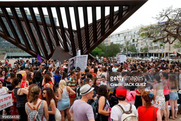 Participants of the annual "SlutWalk" march through the Israeli Mediterranean coastal city of Tel Aviv on May 4, 2018 to protest against rape...