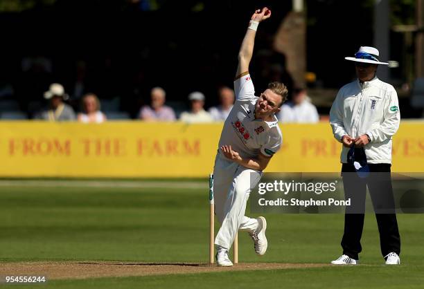 Sam Cook of Essex bowls during the Specsavers County Championship Division One match between Essex and Yorkshire at the Cloudfm County Ground on May...