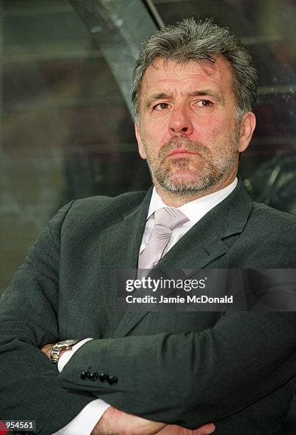 Portrait of PSV Eindhoven coach Eric Gerets during the UEFA Cup Quarter Finals second leg match against Kaiserslautern played at the Philips Stadion,...