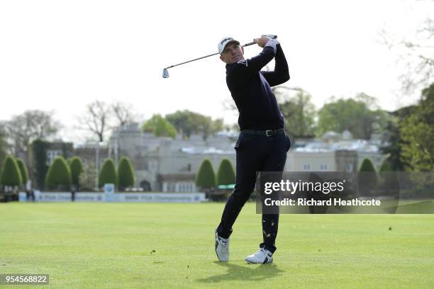 Matt Wallace of England plays a few holes on the west course during the media day for the BMW PGA Championship at The Wentworth Club on May 03, 2018...