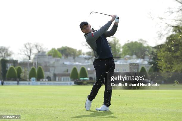 Eddie Pepperell of England plays a few holes on the west course during the media day for the BMW PGA Championship at The Wentworth Club on May 03,...