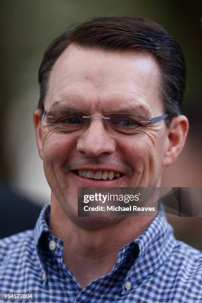 Aidan O'Brien, trainer of Mendelssohn, talks to the media after morning workouts in preparation for the Kentucky Derby at Churchill Downs on May 4,...