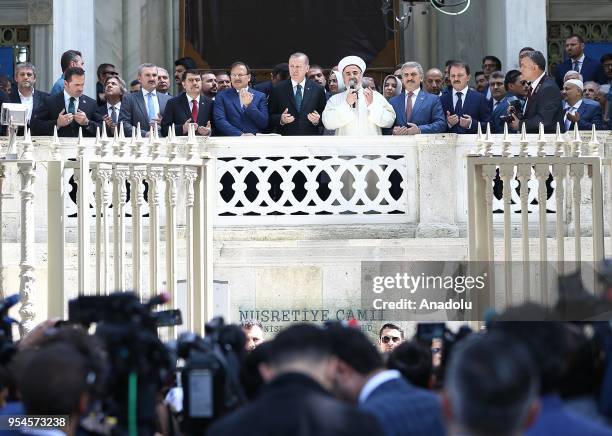 Mufti of Istanbul Hasan Kamil Yilmaz prays with the attendance of Turkish President Recep Tayyip Erdogan, Turkish Deputy Prime Minister Hakan...