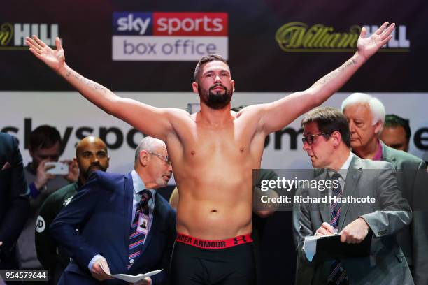 Tony Bellew weighs in during the Weigh in ahead of the Heavyweight fight between Tony Bellew and David Haye at O2 Indigo on May 4, 2018 in London,...