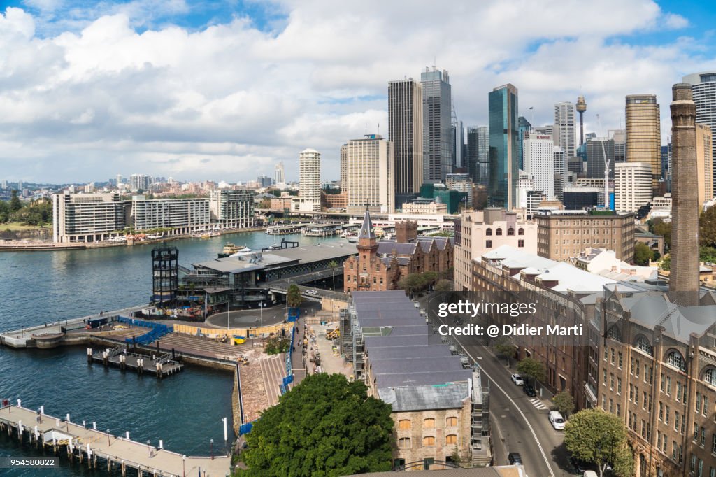 Aerial view of the rocks, Circular Quay and the Sydney Downtown district in Australia