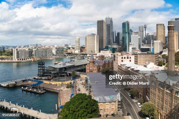 aerial view of the rocks, circular quay and the sydney downtown district in australia - sydney skyline stock pictures, royalty-free photos & images