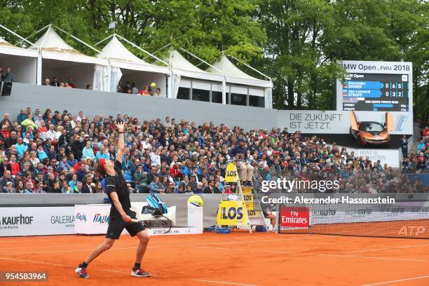 Alexander Zverev of Germany serves during his Quaterfinale match against Jan-Lennard Struff of Germany on day 7 of the BMW Open by FWU at MTTC...