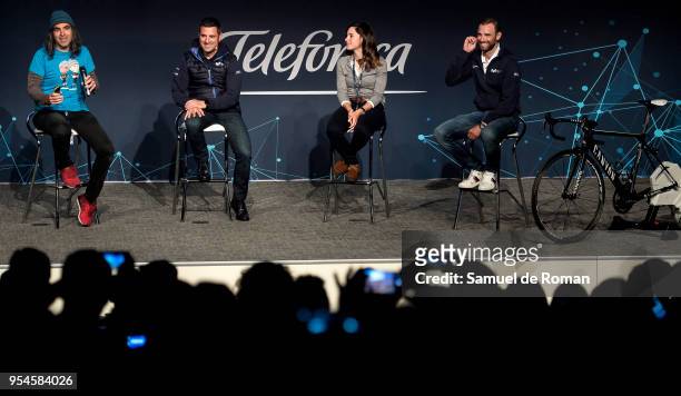 Alejandro Valverde, Lourdes Oyarbide, Mikel Zabala and Chema Alonso during the 'Tecnologia Y Deporte' forum in Madrid on May 4, 2018 in Madrid, Spain.