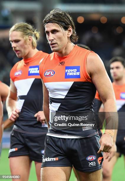Ryan Griffen of the Giants looks dejected after losing the round seven AFL match between the Geelong Cats and the Greater Western Sydney Giants at...