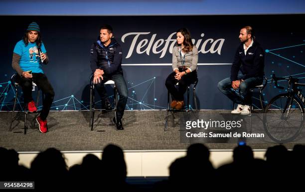 Lourdes Oyarbide, Mikel Zabala, Chema Alonso and Alejandro Valverde during the 'Tecnologia Y Deporte' Forum in Madrid on May 4, 2018 in Madrid, Spain.
