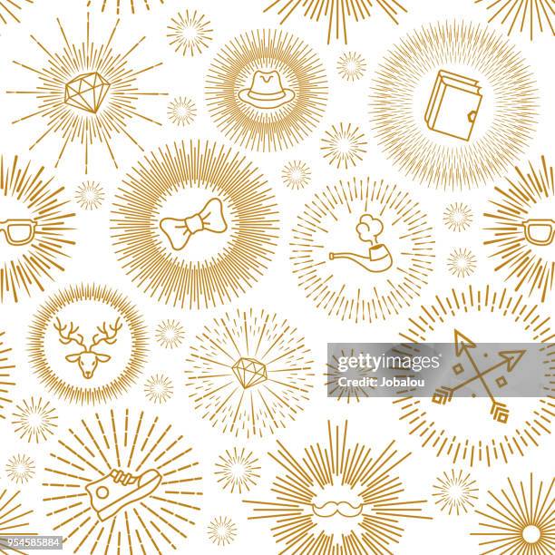 stockillustraties, clipart, cartoons en iconen met gouden pictogrammen een naadloze patroon van sunburst - stormbaan