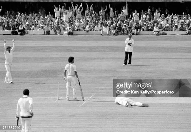 West Indies batsman Larry Gomes is caught at short leg for 10 runs by Mike Gatting of England during the 2nd Test match between England and West...