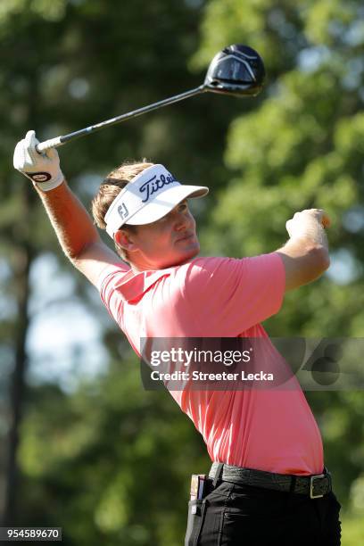 John Peterson plays his tee shot on the third hole during the second round of the 2018 Wells Fargo Championship at Quail Hollow Club on May 4, 2018...