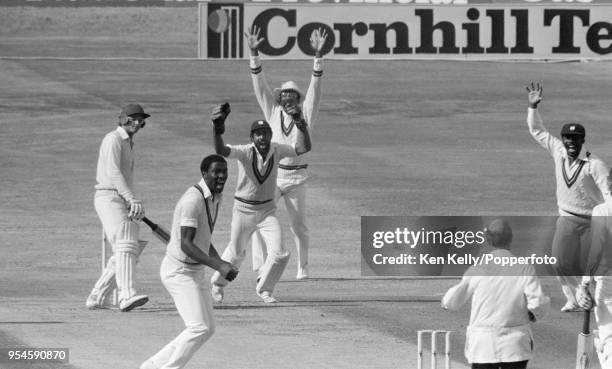 England captain David Gower is caught behind for 43 runs by West Indies wicketkeeper Jeffrey Dujon off the bowling of Roger Harper during the 3rd...