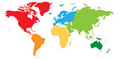World map divided into six continents. Each continent in different color. Simple flat vector illustration