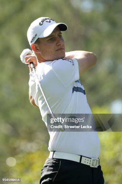 Emiliano Grillo of Argentina plays his tee shot on the sixth hole during the second round of the 2018 Wells Fargo Championship at Quail Hollow Club...