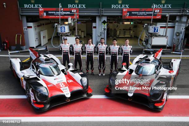 Sebastien Buemi of Switzerland and Toyota Gazoo Racing, Kazuki Nakajima of Japan and Toyota Gazoo Racing, Fernando Alonso of Spain and Toyota Gazoo...