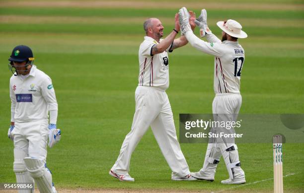 Kent bowler Darren Stevens celebrates after dismissing Glamorgan batsman Kiran Carlson during day one of the Specsavers County Championship: Division...