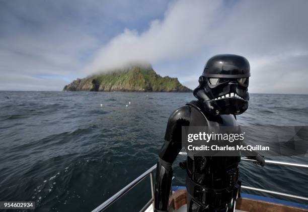 Death Trooper from the 501st Ireland Legion surveys the Skelligs on May 4, 2018 in Portmagee, Ireland. The first ever Star Wars festival is taking...