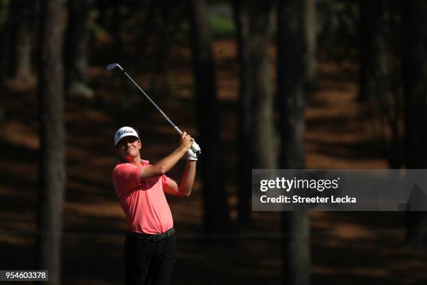 John Peterson plays a shot on the fifth hole during the second round of the 2018 Wells Fargo Championship at Quail Hollow Club on May 4, 2018 in...