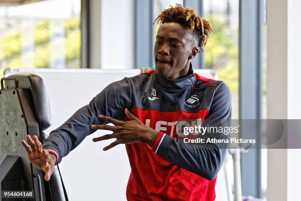 Tammy Abraham practices dance moves in the gym during the Swansea City Training at The Fairwood Training Ground on May 02, 2018 in Swansea, Wales.