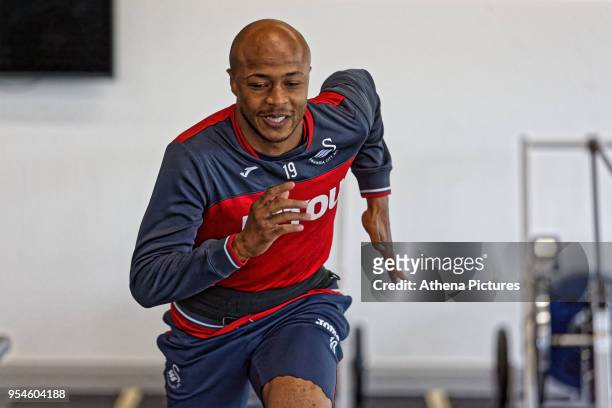 Andre Ayew exercises in the gym during the Swansea City Training at The Fairwood Training Ground on May 02, 2018 in Swansea, Wales.