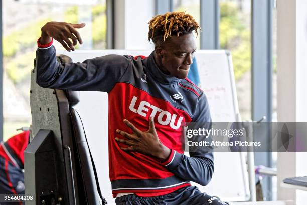 Tammy Abraham practices dance moves in the gym during the Swansea City Training at The Fairwood Training Ground on May 02, 2018 in Swansea, Wales.