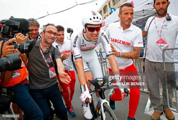 Netherlands' rider of team Sunweb Tom Dumoulin reacts after winning the 1st stage of the 101st Giro d'Italia, Tour of Italy, on May 4 a 9,7...