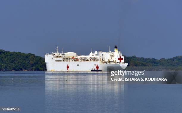 The Military Sealift Command hospital ship USNS Mercy is seen in the eastern Sri Lankan province of Trincomalee port in Trincomalee on May 4, 2018. -...