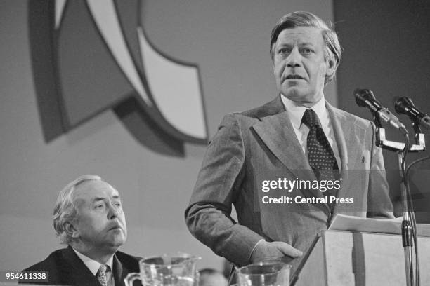 British Prime Minister Harold Wilson and German Chancellor Helmut Schmidt at the Labour Party's annual conference at Central Hall, Westminster,...