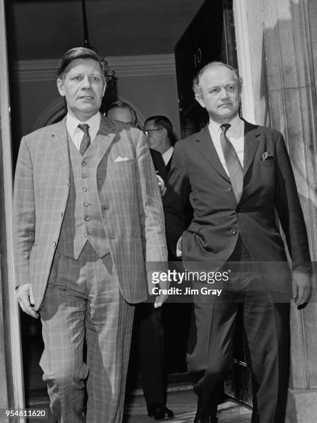 Helmut Schmidt , Leader of the Social Democratic Party of Germany, leaves 10 Downing Street in London with Lord Chalfont , Minister of State at the...