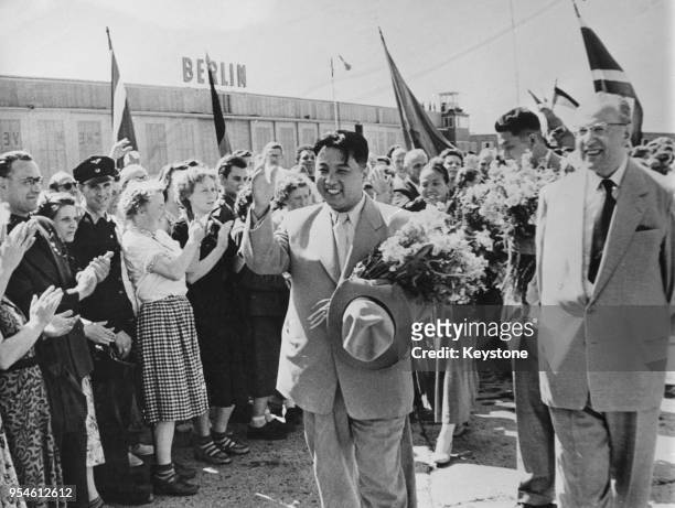 Korean leader Kim Il-Sung arrives at Schönefeld Airport in East Berlin, and is welcomed by Otto Grotewohl , Prime Minister of the German Democratic...