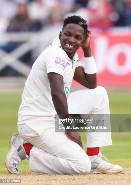 Fidel Edwards of Hampshire reacts after appealing unsuccessfully during the Specsavers County Championship Division One match between Nottinghamshire...