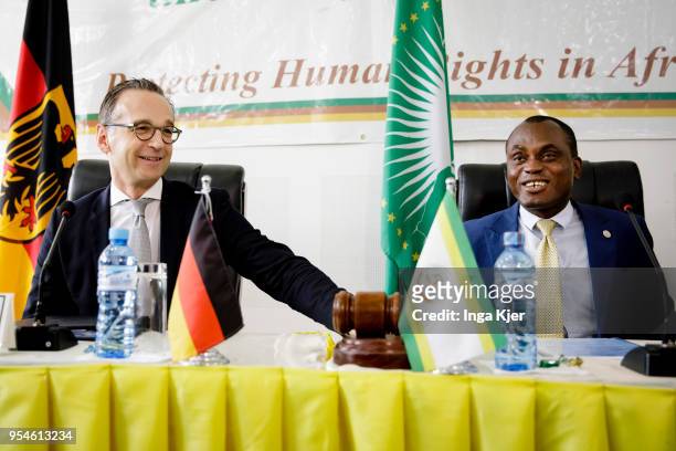 German Foreign Minister Heiko Maas meets Sylvain Ore, President of the African Court on Human and Peoples' Rights, on May 04, 2018 in Arusha,...