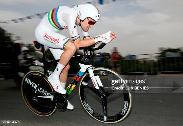 Netherlands' rider of team Sunweb Tom Dumoulin rides during the 1st stage of the 101st Giro d'Italia, Tour of Italy, on May 4 a 9,7 kilometers...