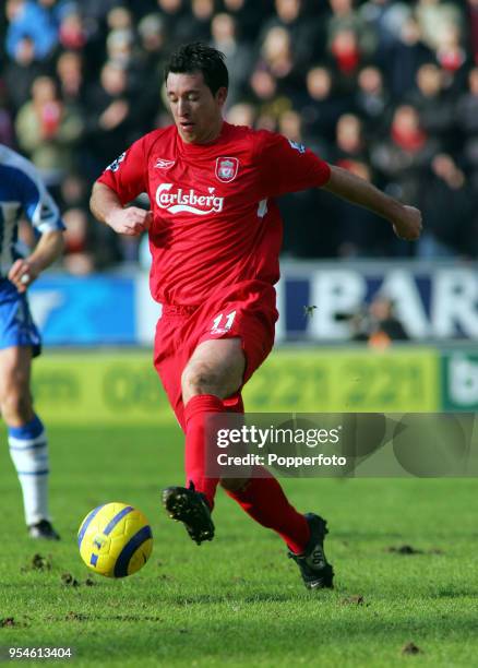 Robbie Fowler of Liverpool in action during the Barclays Premiership match between Wigan Athletic and Liverpool at the JJB Stadium in Wigan on...